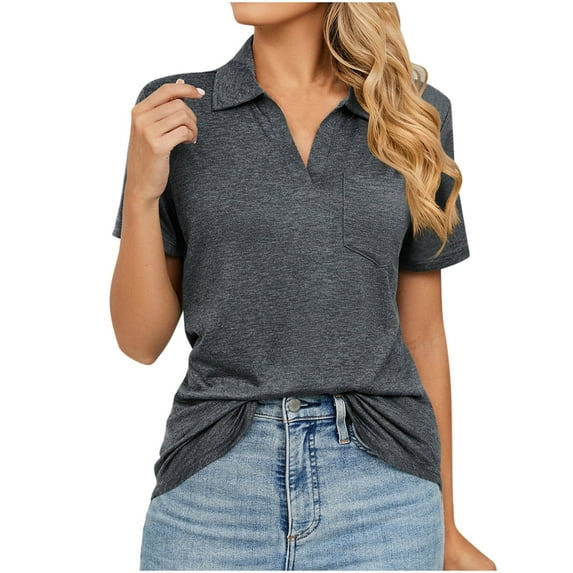 Odeerbi Summer 2025 Casual Elegant Tops for Women Fashion Lapel Solid Color Loose Blouse Short Sleeve T-shirt Dark Gray