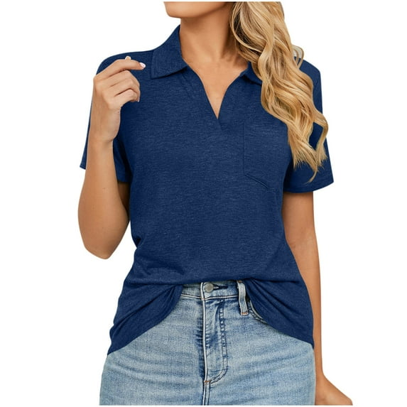 Odeerbi Summer Casual Elegant Tops for Women Fashion Lapel Solid Color Loose Blouse Short Sleeve T-shirt Navy