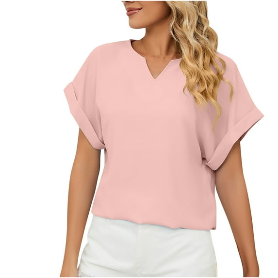 Odeerbi Summer 2025 Casual Elegant Tops for Women Fashion Short Sleeve Retro Blouse Round Neck Easter Shirts Solid Color Loose T-shirt Pink