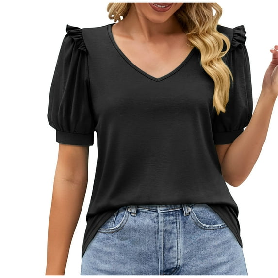 Odeerbi Summer 2025 Casual Elegant Tops for Women Fashion V-Neck Solid Short Sleeve Sexy Blouse Black