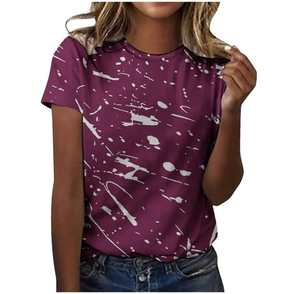 Odeerbi Summer 2025 Casual Elegant Tops for Women Printed Round Neck Short Sleeve T-Shirt Blouse Pullover Burgundy