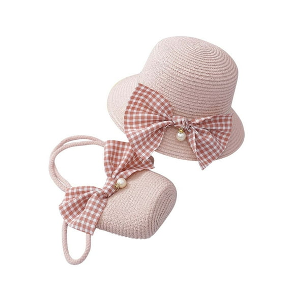Odeerbi Summer Beach Hats for Boys Girls Woven Hat Bucket Hat Children's Bow Tie Pearl Decorated Hat Rope Hat Sun Hat with Bag Set Pink