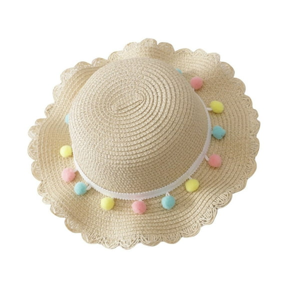 Odeerbi Summer Beach Hats for Boys Girls Woven Hat Bucket Hat Children's Colored Balls Bow Decorated Hat Rope Hat Sun Hat Beige