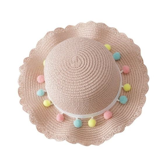 Odeerbi Summer Beach Hats for Boys Girls Woven Hat Bucket Hat Children's Colored Balls Bow Decorated Hat Rope Hat Sun Hat Pink