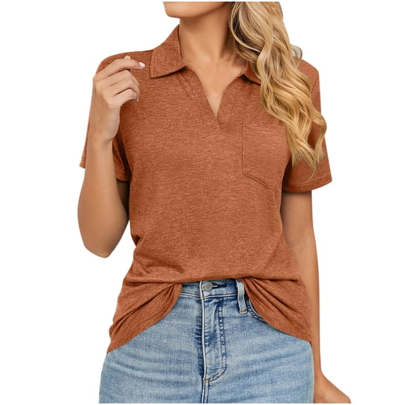 Odeerbi Summer Casual Elegant Tops for Women Fashion Lapel Solid Color Loose Blouse Short Sleeve T-shirt Orange