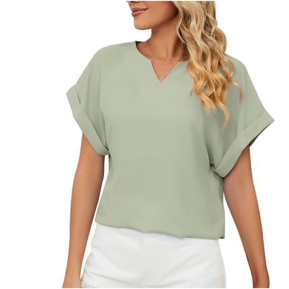 Odeerbi Summer Casual Elegant Tops for Women Fashion Short Sleeve Retro Blouse Round Neck Easter Shirts Solid Color Loose T-shirt Green