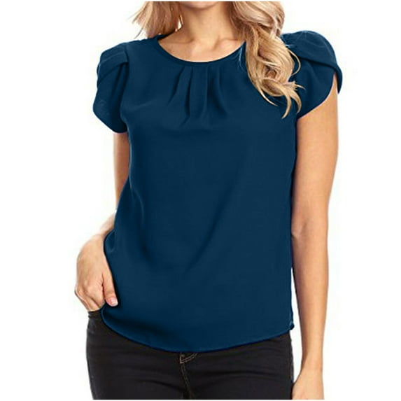 Odeerbi Summer Chiffon Blouses for Women Solid Color Short Sleeve Tops Round Neck 2025 Casual Shirt Navy