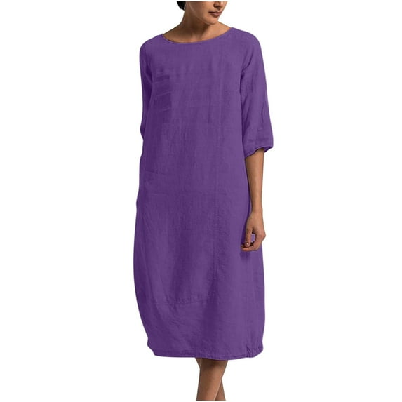 Odeerbi Summer Cotton Linen Dress for Women Fashion 2025 Casual Loose Long Dress Round Neck Short Sleeve Solid Mid-Calf Dress Purple