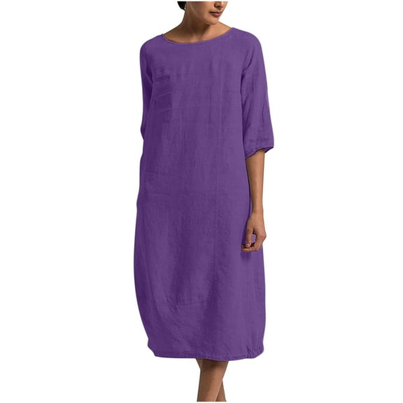 Odeerbi Summer Cotton Linen Dress for Women Fashion 2025 Casual Loose Long Dress Round Neck Short Sleeve Solid Mid-Calf Dress Purple