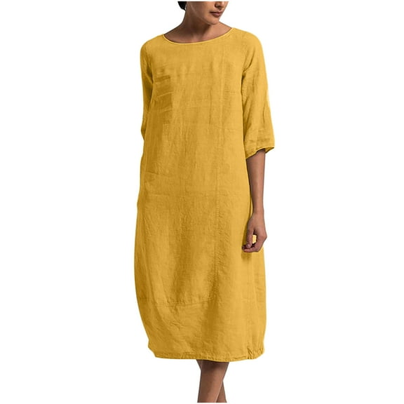 Odeerbi Summer Cotton Linen Dress for Women Fashion 2025 Casual Loose Long Dress Round Neck Short Sleeve Solid Mid-Calf Dress Yellow
