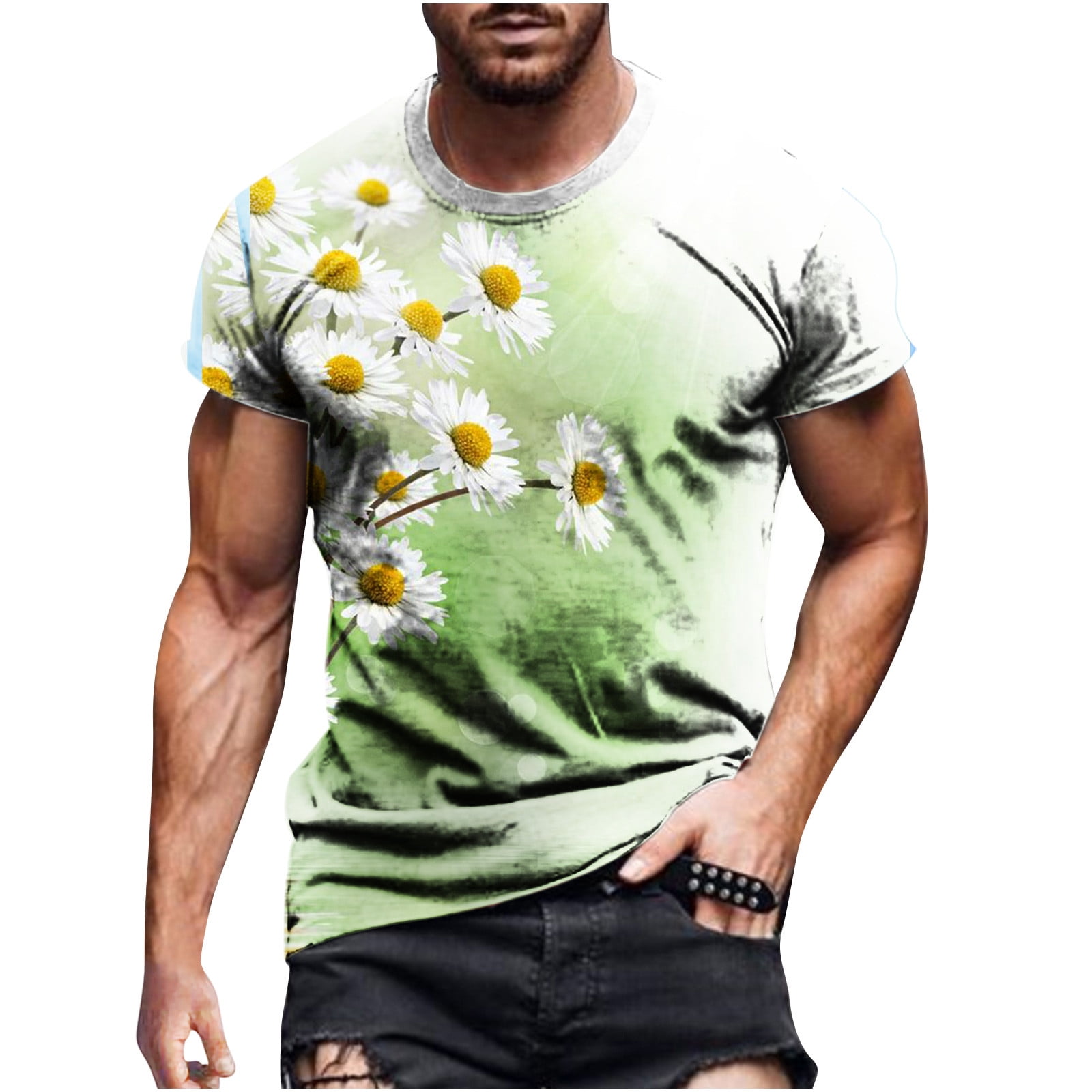 Odeerbi Summer Graphic T-Shirts for Men Casual Round Neck Flower 3D  Printing Blouse Fitness Sports Tops Short Sleeve Pullover Mint Green