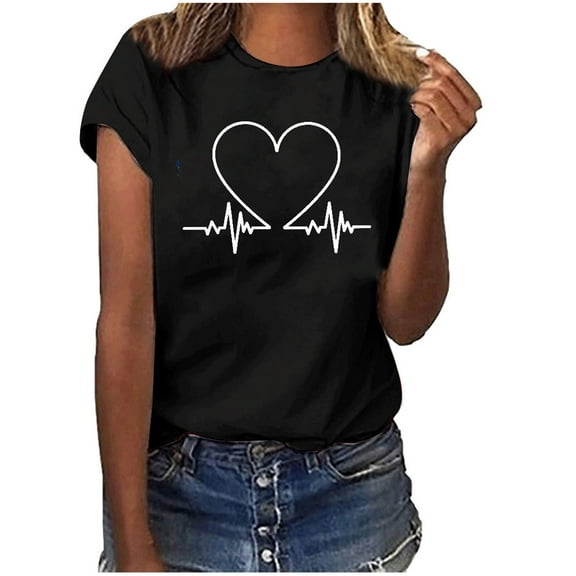 Odeerbi Summer Graphic T-Shirts for Women 2025 Casual Elegant Tops Work Tops Girls Short Sleeve Blouse Print Shirt Black