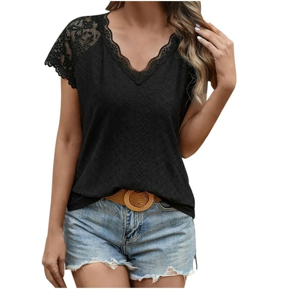 Odeerbi Summer Lace Tops for Women 2025 Casual Patchwork Solid Short Sleeve V-Neck Blouse Black