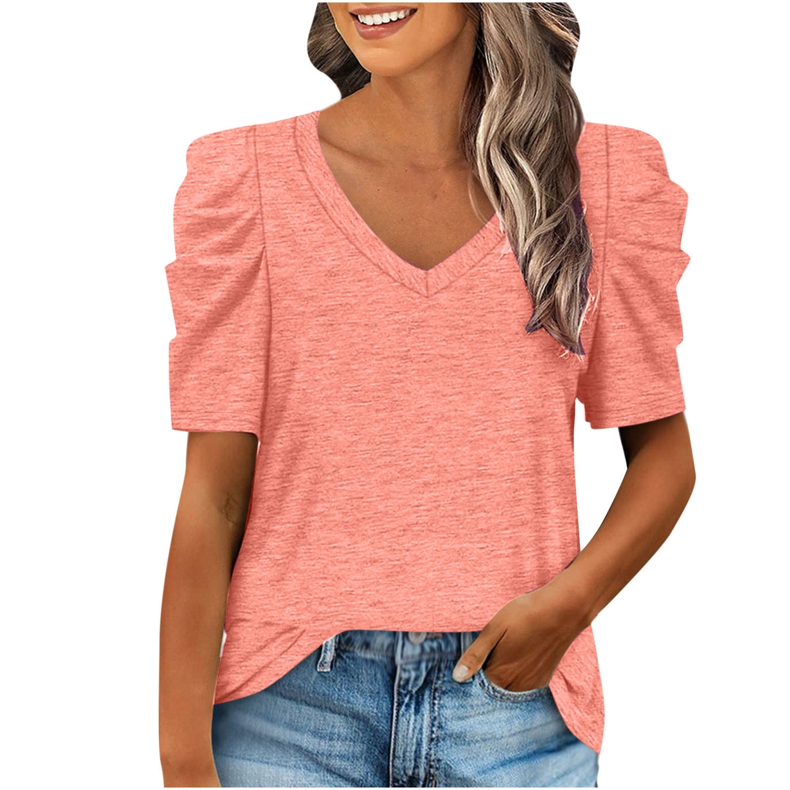 Auhoot Women's Short Sleeve V-Neck Tunic Top - Puff Sleeve, Loose Fit Casual Blouse For Summer & Work | Soft Solid Color Shirt