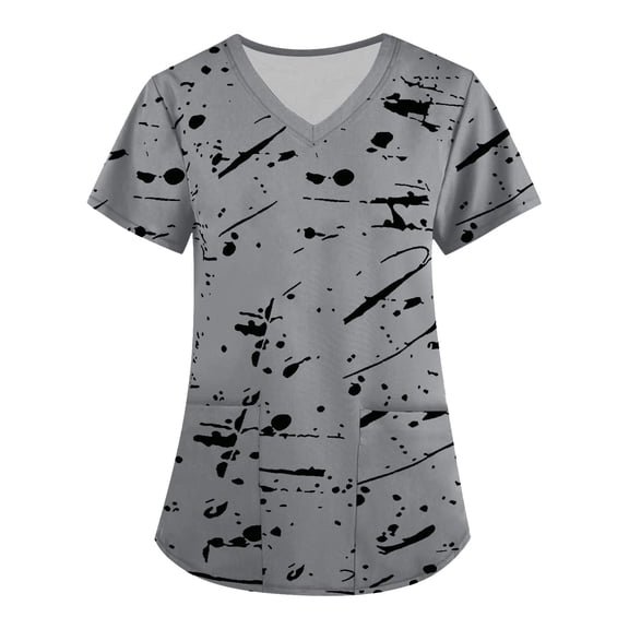 Odeerbi Summer Scrub Tops for Women 2025 Fashion Short Sleeve V-Neck Working Uniform Printing Blouse with Pocket Gray