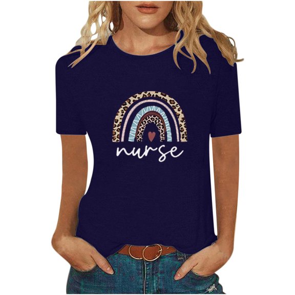 Odeerbi Summer Scrub Tops for Women Fashion Funny Printed 2025 Casual Fit Scrub Shirts Comfortable Short Sleeve Blouses Navy