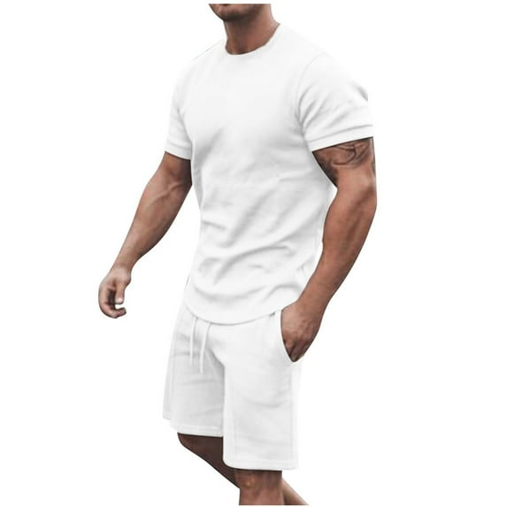 Odeerbi Summer Vacation Shirt Short Set for Men 2025 Casual Sports Two Piece Set Solid Color Round Neck Short Sleeve T-shirt Elastic Waist Shorts White