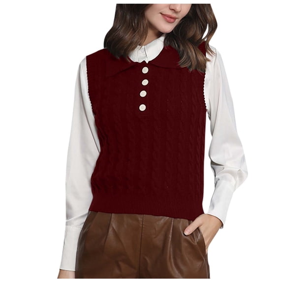 Odeerbi Sweater Vest Women Knit Sweater Fashion top Sleeveless Turndown Collar Tank Top Burgundy