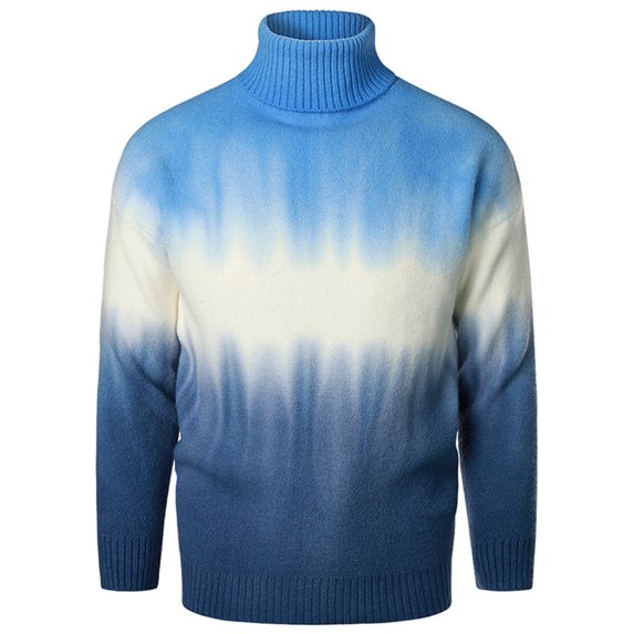 Odeerbi Sweaters For Men Fall Winter Sweaters Turtleneck Sweater New Knitted Gradient Printing Warm Large Size Casual Knitted Blue