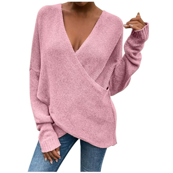 Odeerbi Sweaters For Women 2025 Long Sleeve Sweater Pullove V-Neck Trendy Solid Color Shirt Sweater Tops Pink