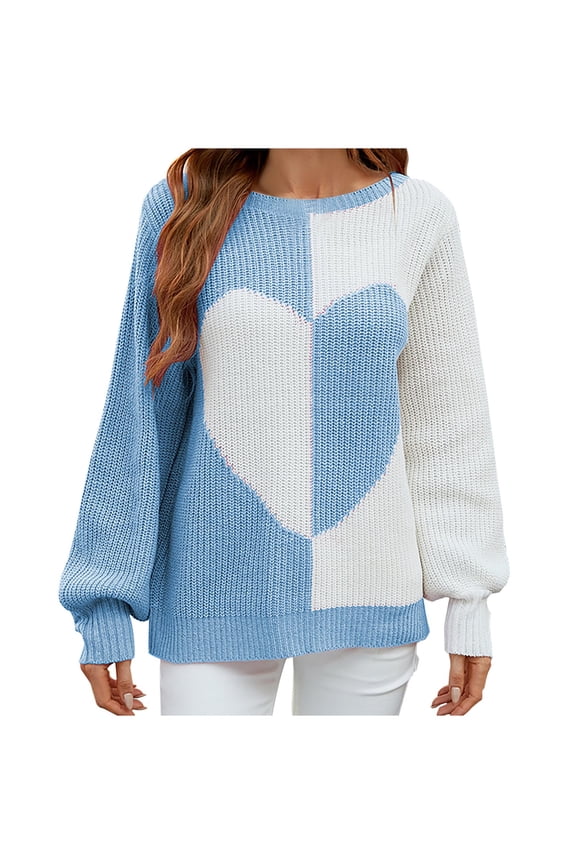 Sweaters For Women Fall Winter Knit Sweater Long Sleeved Round Neck Solid Love Print Long Sleeves Casual Pullover Top Light Blue