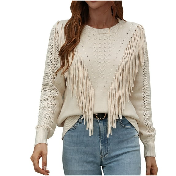 Odeerbi Sweaters For Women Fall Winter Knit Sweater Trendy Long Sleeves Tassel Crew Neck Loose Solid Color Tops Blouse Beige