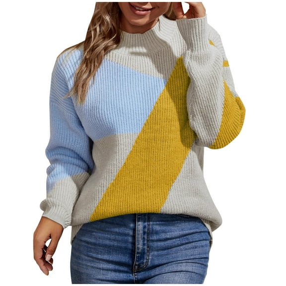 Odeerbi Sweaters For Women Fall Winter Sweater 2025 Casual Trendy Color Matching Pullover Long Sleeve Round Neck Yellow