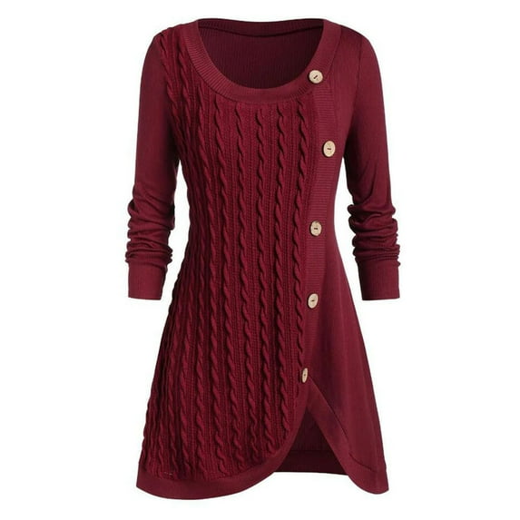 Odeerbi Sweaters For Women Plus Size O-Neck 2024 Long Sleeve Solid Botton Pachwork Asymmetric Tops Sweater Wine