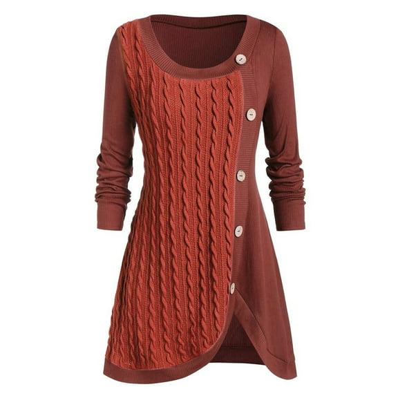 Odeerbi Sweaters For Women Plus Size O-Neck 2025 Long Sleeve Solid Botton Pachwork Asymmetric Tops Sweater Wine