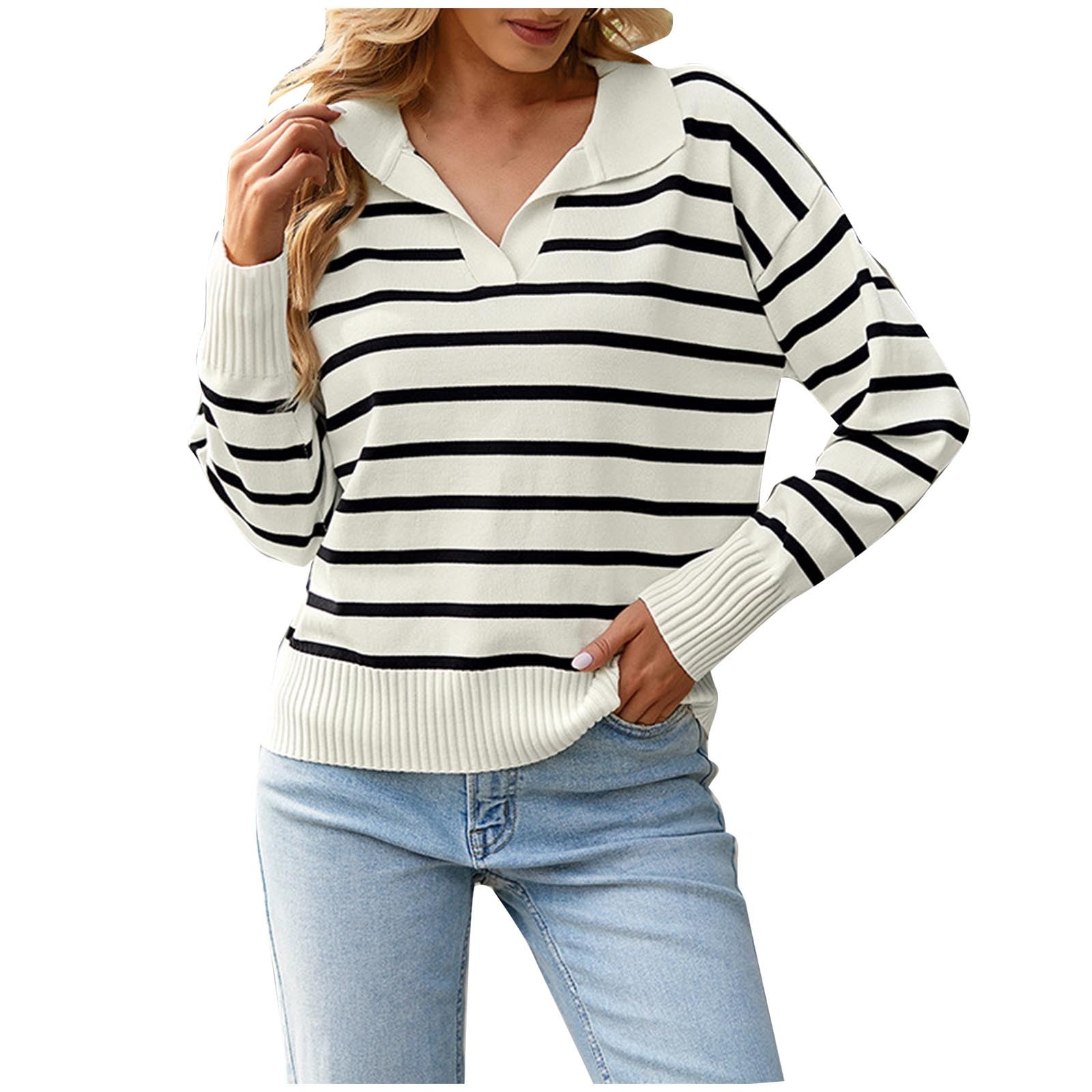 Sweater with Collar - White/black striped - Ladies