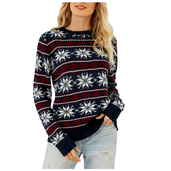 Odeerbi Sweaters For Women Turtleneck Sweater Knit Christmas Print Recreational Pullover 2025 Long Sleeve Tops Navy
