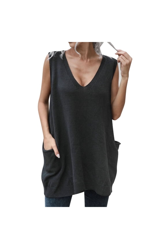 Sweaters Vest for Women Pockets Swing V-neck Mid-length Sweater Loose Vest Outer Wear Inner Wear Autumn And Winter 2025 New Style Black
