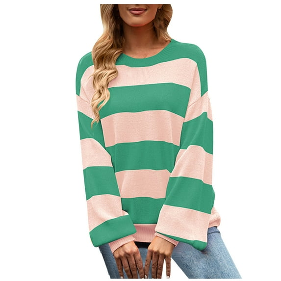 Odeerbi Sweaters for Women Fall Sweaters 2025 Crew Neck Fashion Coat Top Splicing Loose Long Sleeve Splicing Coat Green