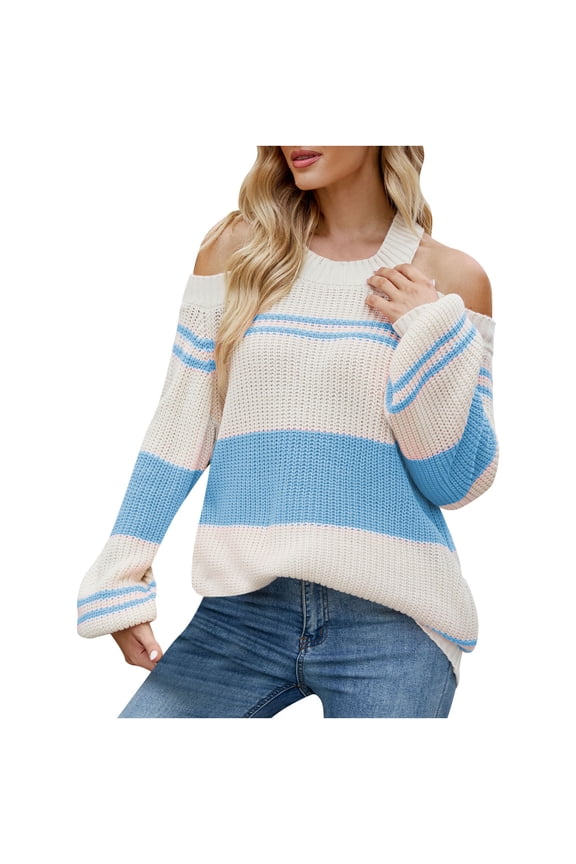 Sweaters for Women Fall Sweaters Crew Neck Fashion Long Sleeves Color Matching Loose Pullover Stripe Tops Blouse Knitted Sky Blue