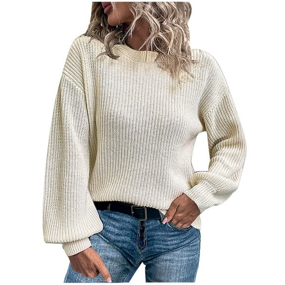 Odeerbi Sweaters for Women Fall Sweaters 2025 Crew Neck Fashion Solid Color Long Sleeve Pullove Casual Tops Beige