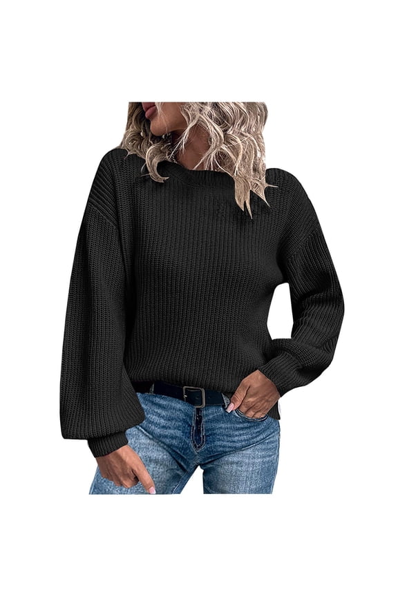 Sweaters for Women Fall Sweaters Crew Neck Fashion Solid Color Long Sleeve Pullove Casual Tops Black
