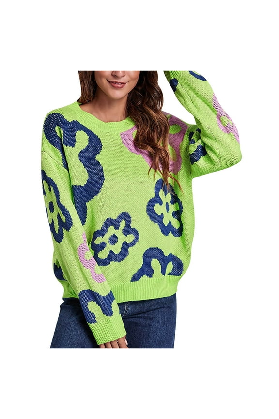 Sweaters for Women Fall Sweaters Crew Neck Flower Loose Autumn And Winter Long Sleeve Leisure Green