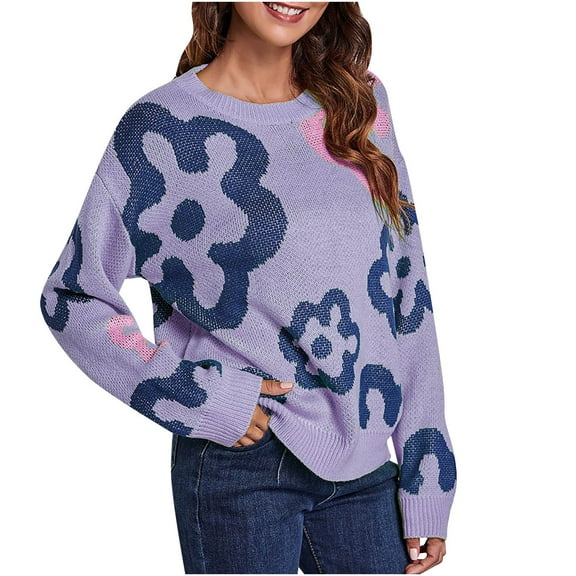 Odeerbi Sweaters for Women Fall Sweaters 2025 Crew Neck Flower Loose Autumn And Winter Long Sleeve Leisure Purple