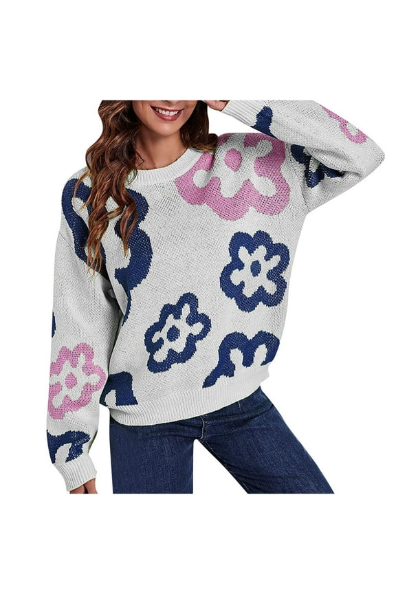 Sweaters for Women Fall Sweaters Crew Neck Flower Loose Autumn And Winter Long Sleeve Leisure White