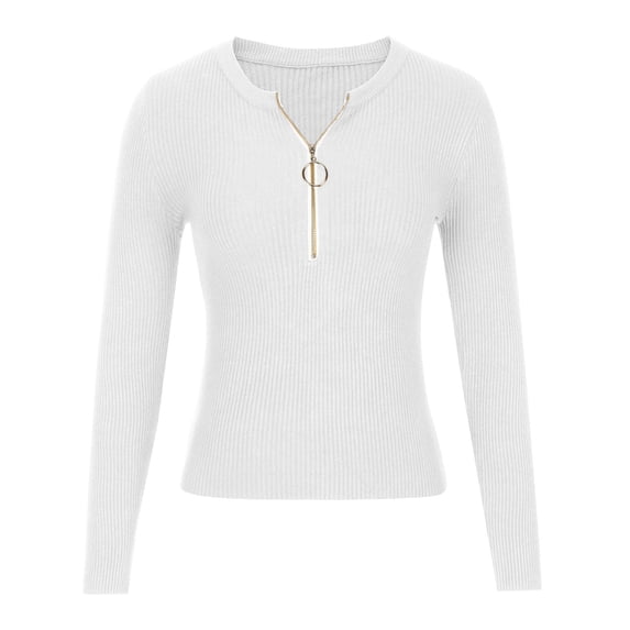 Odeerbi Sweaters for Women Fall Sweaters 2025 Fashion Autumn And Winter Casual Zipper Round Neck Long Sleeve Solid Color Sweater Tops Blouse White