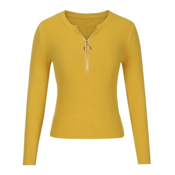 Odeerbi Sweaters for Women Fall Sweaters Fashion Autumn And Winter Casual Zipper Round Neck Long Sleeve Solid Color Sweater Tops Blouse Yellow