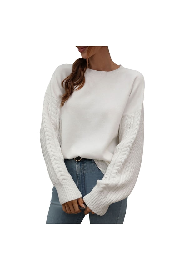 Sweaters for Women Fall Sweaters Crew Neck Casual Solid Knitting Thick Needle Twisted Rope Long Sleeve Blouse White