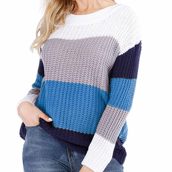 Odeerbi Sweaters for Women Fall Sweaters 2025 Crew Neck Fashion Long Sleeves Color Matching Loose Tops Blouse Knitted Blue