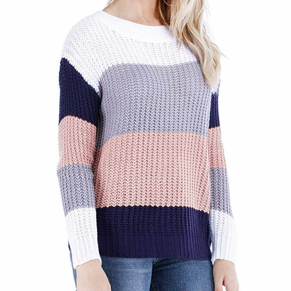 Odeerbi Sweaters for Women Fall Sweaters 2025 Crew Neck Fashion Long Sleeves Color Matching Loose Tops Blouse Knitted Pink
