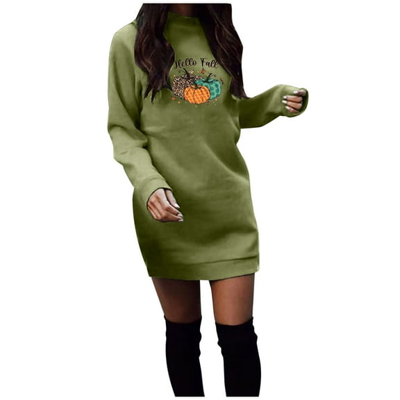 Odeerbi Sweatshirt Dress For Women Thanksgiving New Trendy 2025 Casual Printed Long Sleeve Round Neck Contrast Color Top 0live Drab