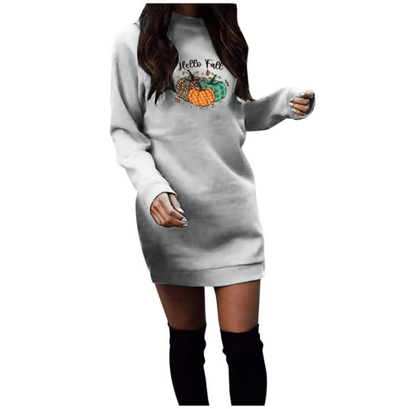 Odeerbi Sweatshirt Dress For Women Thanksgiving New Trendy 2025 Casual Printed Long Sleeve Round Neck Contrast Color Top Gray