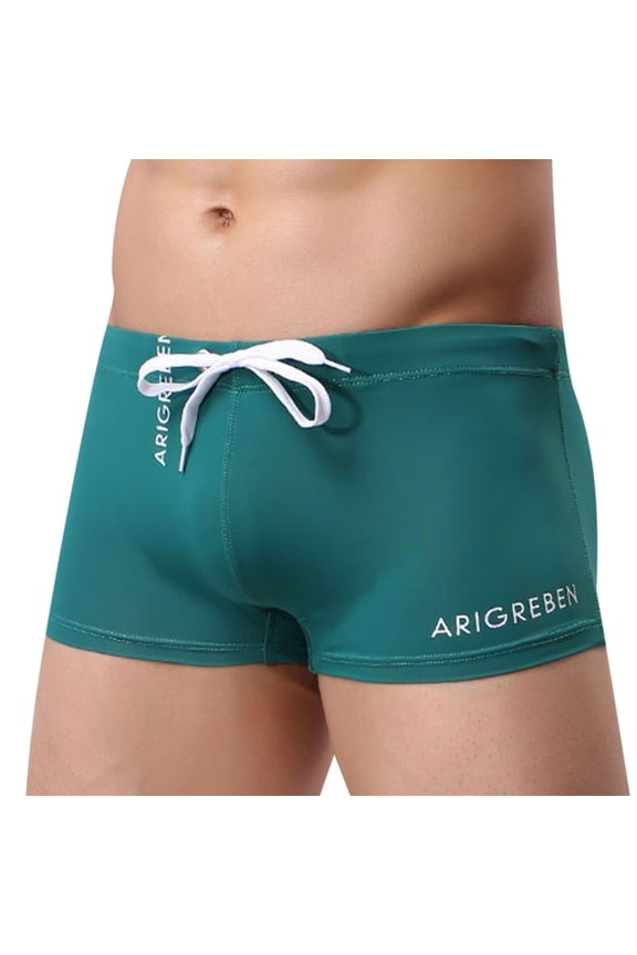 Swim Trunks for Men Solid Color Drawstring Hot Spring Anti-embarrassment Quick Boxer Quick Dry Swimming Trunks Olive Green