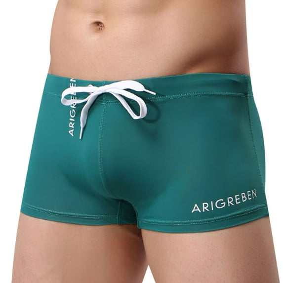 Odeerbi Swim Trunks for Men Solid Color Drawstring Hot Spring Anti-embarrassment Quick Boxer Quick Dry Swimming Trunks Olive Green