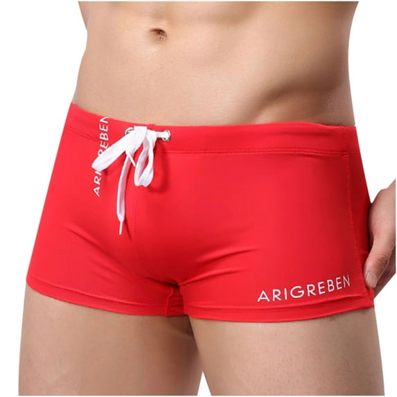 Odeerbi Swim Trunks for Men Solid Color Drawstring Hot Spring Anti-embarrassment Quick Boxer Quick Dry Swimming Trunks Red