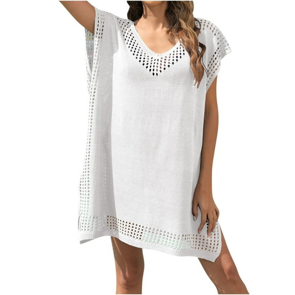 Odeerbi Swimsuit Cover Up Dress for Women Bikini Coverups Fashion Loose Hollowed Out Bikini Wraps Round Neck Short Sleeve Beach Cover Ups Beachwear Blouse White